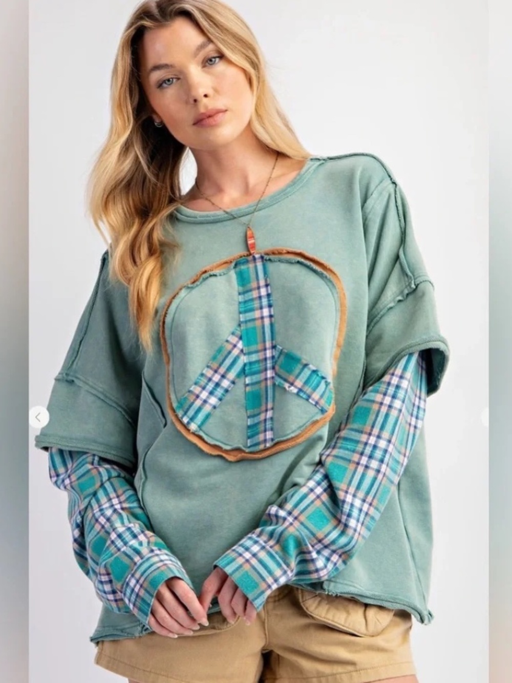 Easel Green Plaid Peace Layered Washed Knit Long Sleeve Pullover Sweatshirt SZ S
